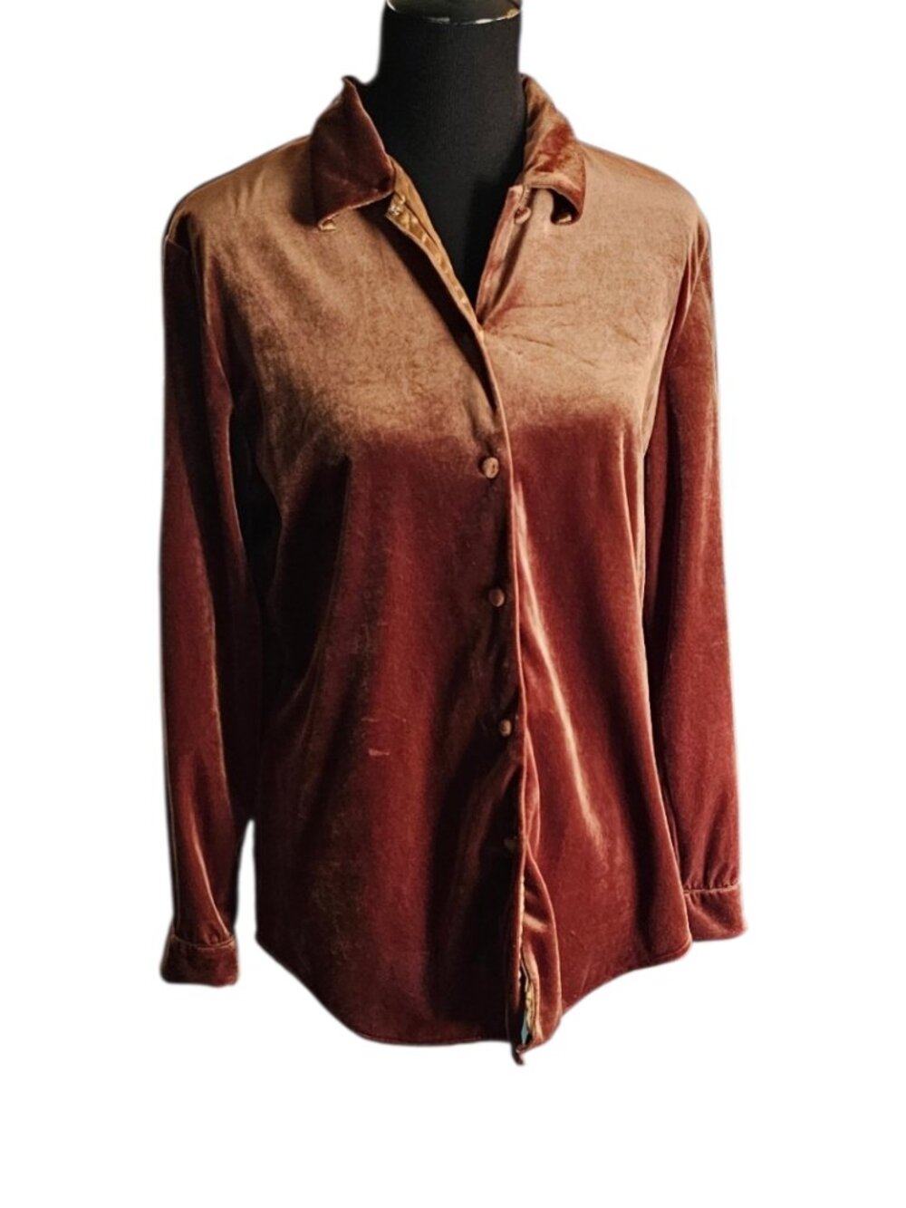 Vintage Tess Brown Velvet Button Up Blouse Gold Sheen Medium Made in Hong Kong